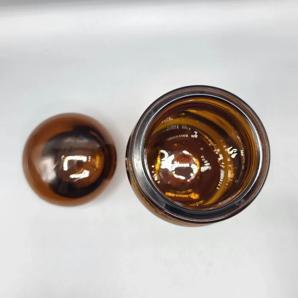 Vintage Amber Brown Glass Apothecary Jar With Bubble Lid Made In Belgium